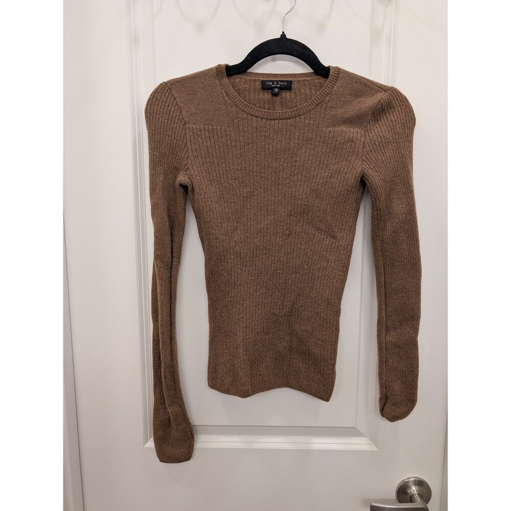 Rag & Bone Womens XS Brown Wool Blend Ribbed Knit Crewneck Long Sleeve Sweater